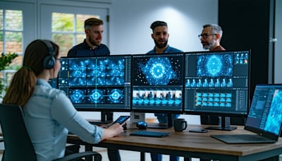 Business professionals collaborating on AI-driven video editing projects Business professionals collaborating on AI-driven video editing projects